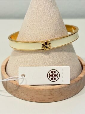 Tory Burch Gold-Tone Bangle with Cream Enamel Logo